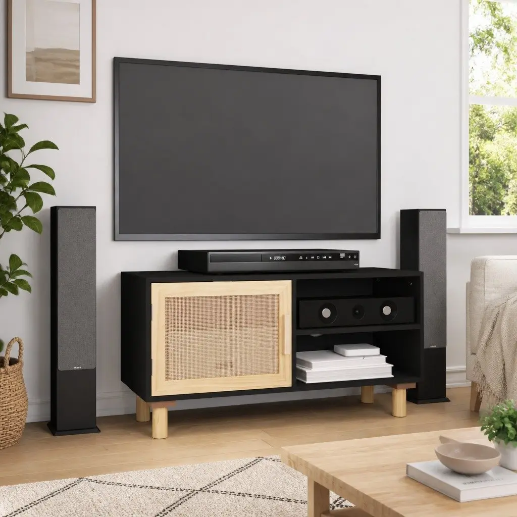 TV Cabinet Black Rattan Door 80cm Engineered Wood Solid Pinewood Feet