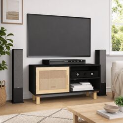 Warm Black TV Cabinet with Rattan Door and Solid Wood Feet