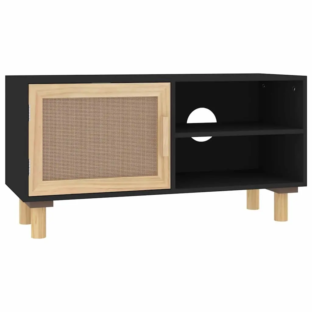 TV Cabinet Black Rattan Door 80cm Engineered Wood Solid Pinewood Feet