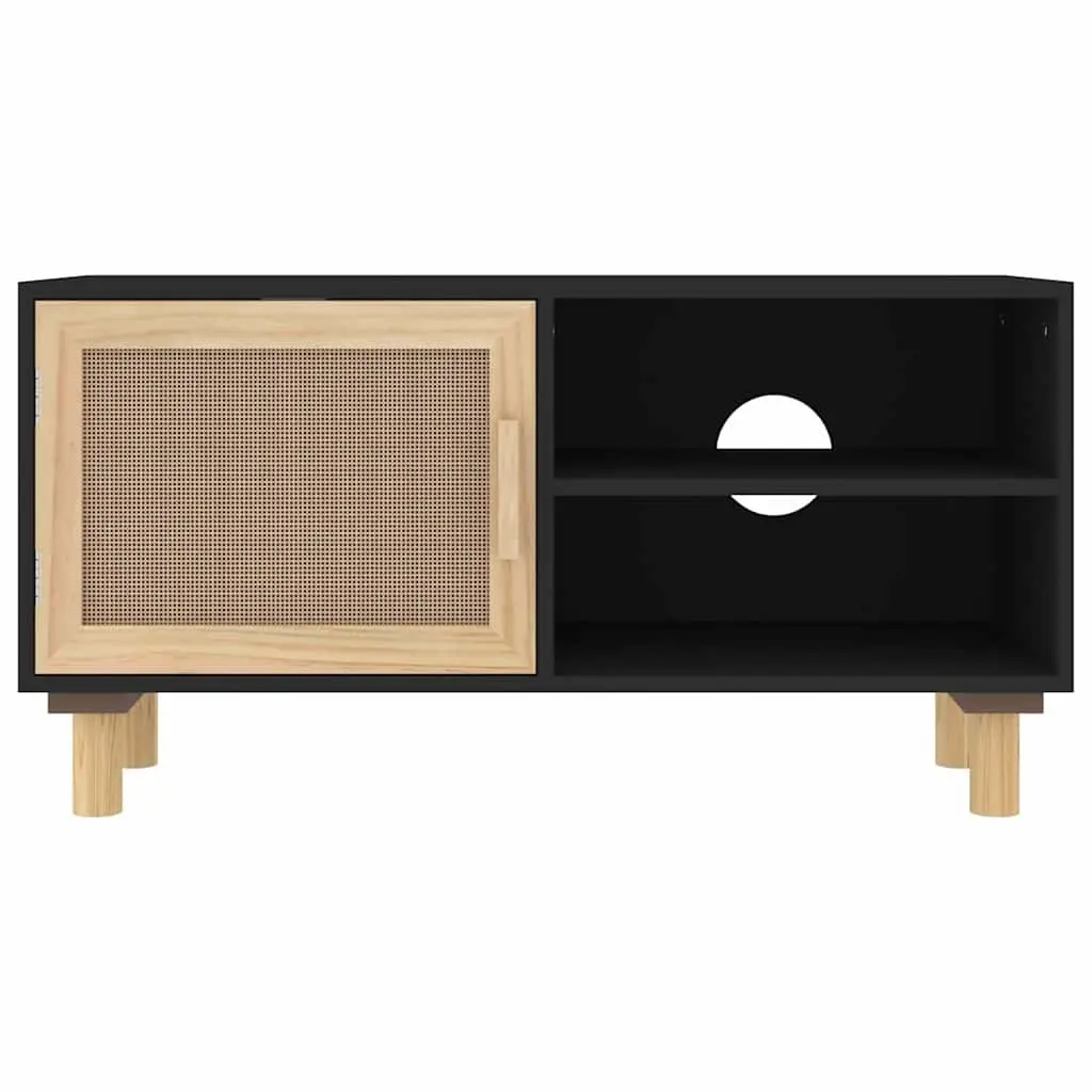TV Cabinet Black Rattan Door 80cm Engineered Wood Solid Pinewood Feet