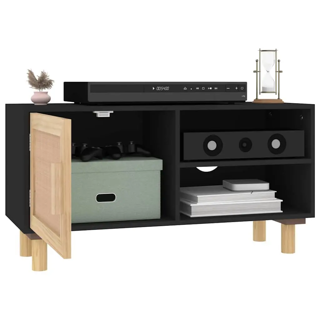 TV Cabinet Black Rattan Door 80cm Engineered Wood Solid Pinewood Feet