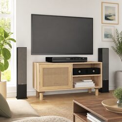 Elegant Brown TV Cabinet with Rattan Doors and Storage
