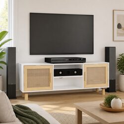 Stylish White TV Cabinet with Rattan Doors 105x30x40 cm