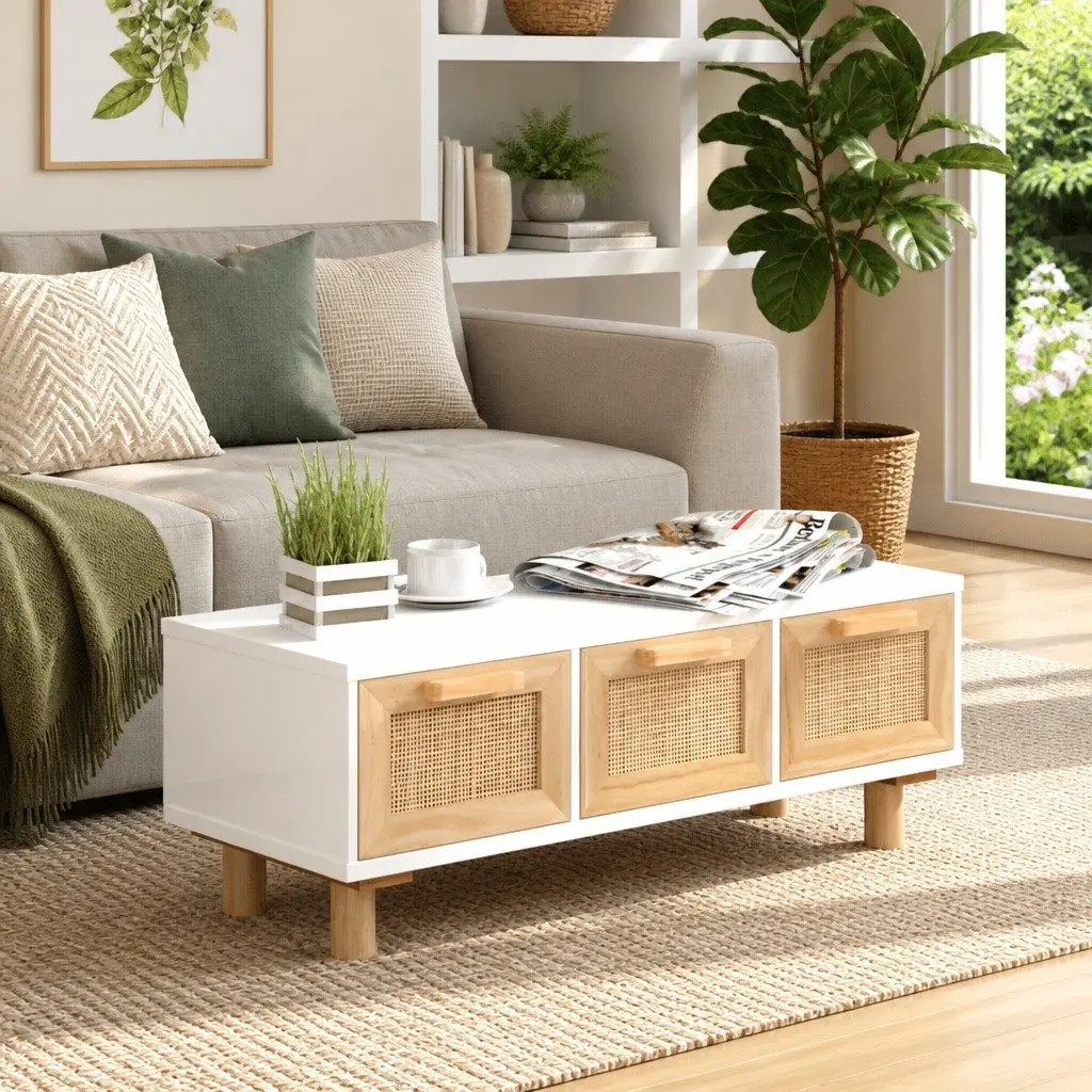 White Coffee Table with 3 Rattan Drawers