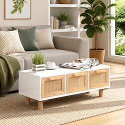 Elegant White Coffee Table with 3 Rattan Drawers