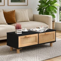 Elegant Black Coffee Table with Rattan Storage Drawers