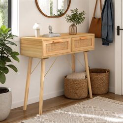 Brown Rattan Design Console Table with 2 Drawers