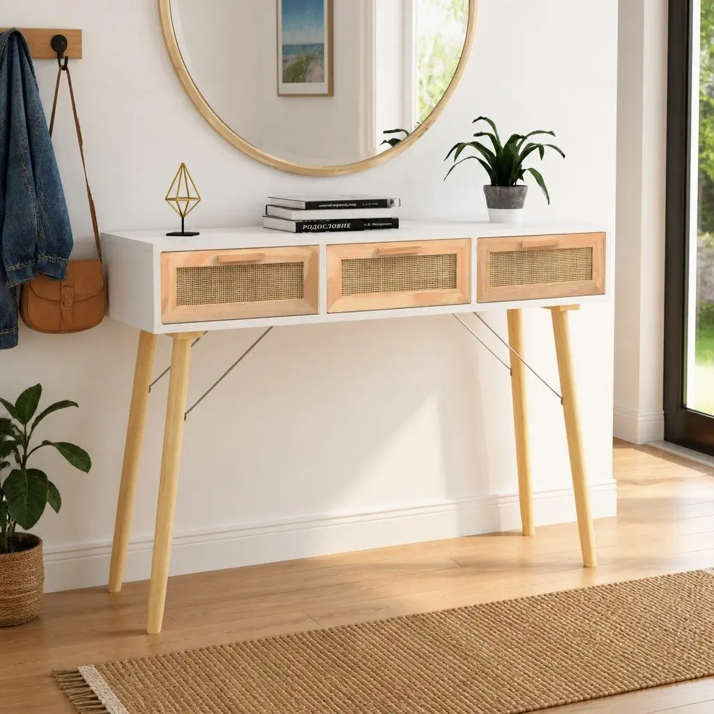 Console Table White 105x30x75cm Engineered Wood Solid Pine Rattan Drawers