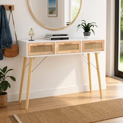 Scandinavian White Console Table with Rattan Drawers
