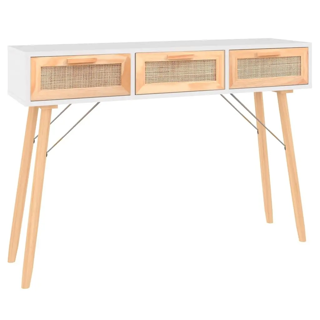 Console Table White 105x30x75cm Engineered Wood Solid Pine Rattan Drawers