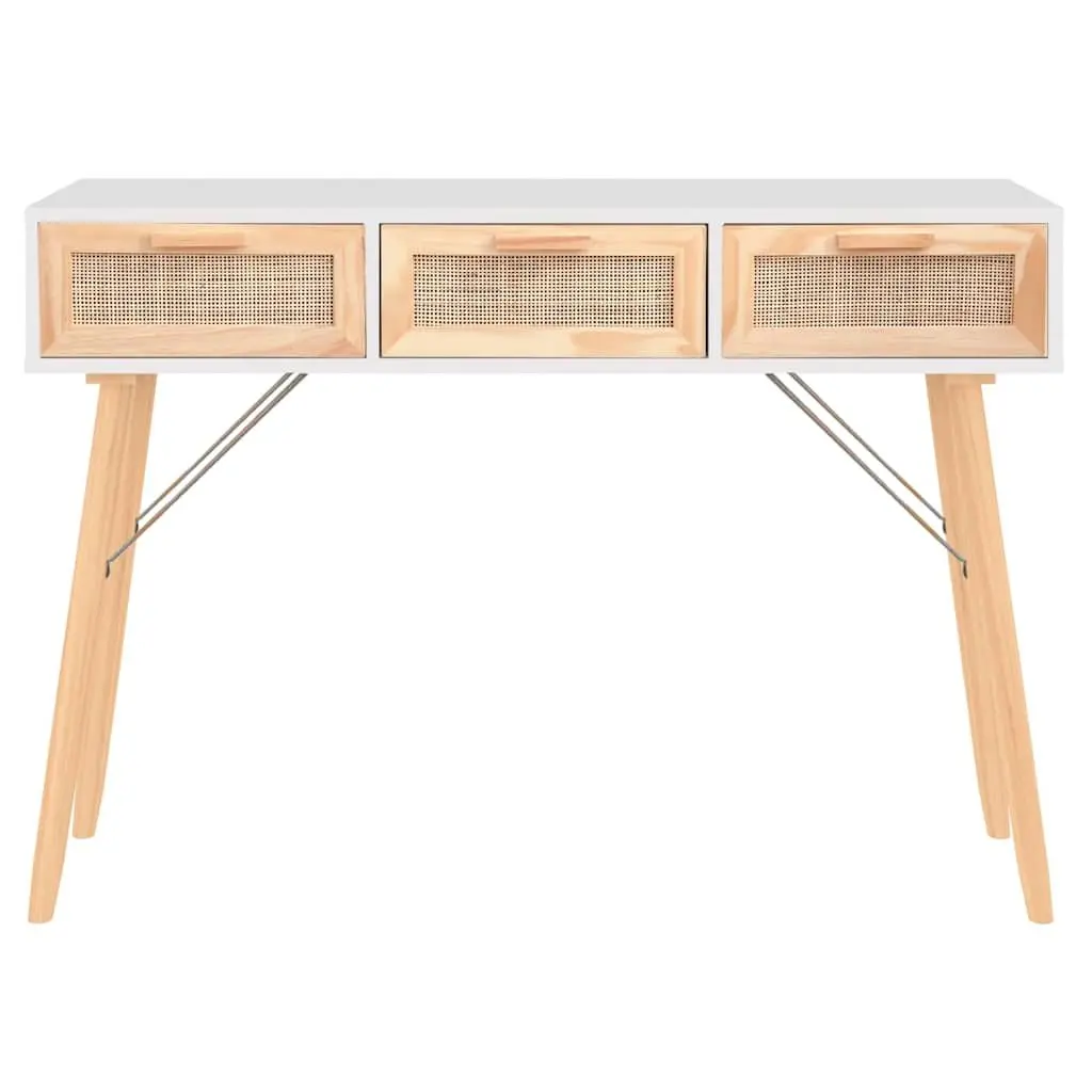 Console Table White 105x30x75cm Engineered Wood Solid Pine Rattan Drawers