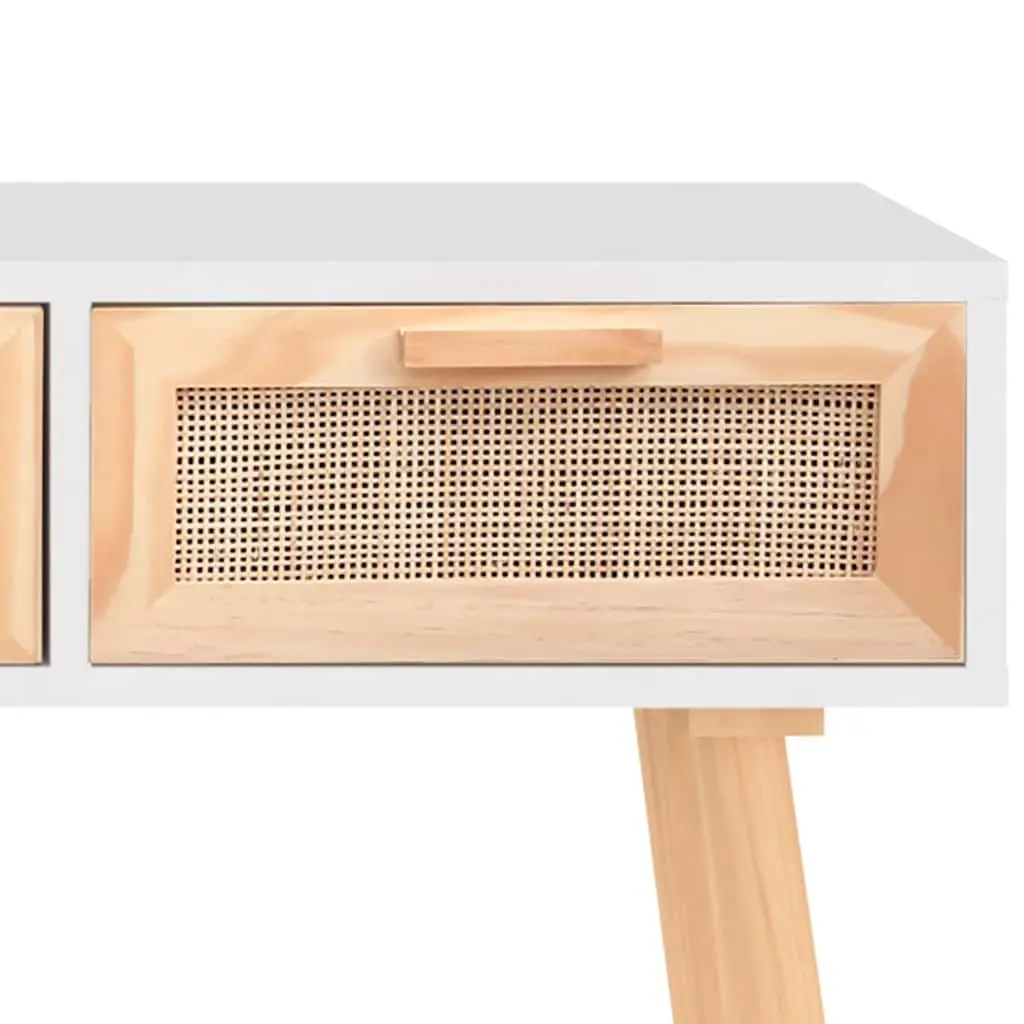 Console Table White 105x30x75cm Engineered Wood Solid Pine Rattan Drawers