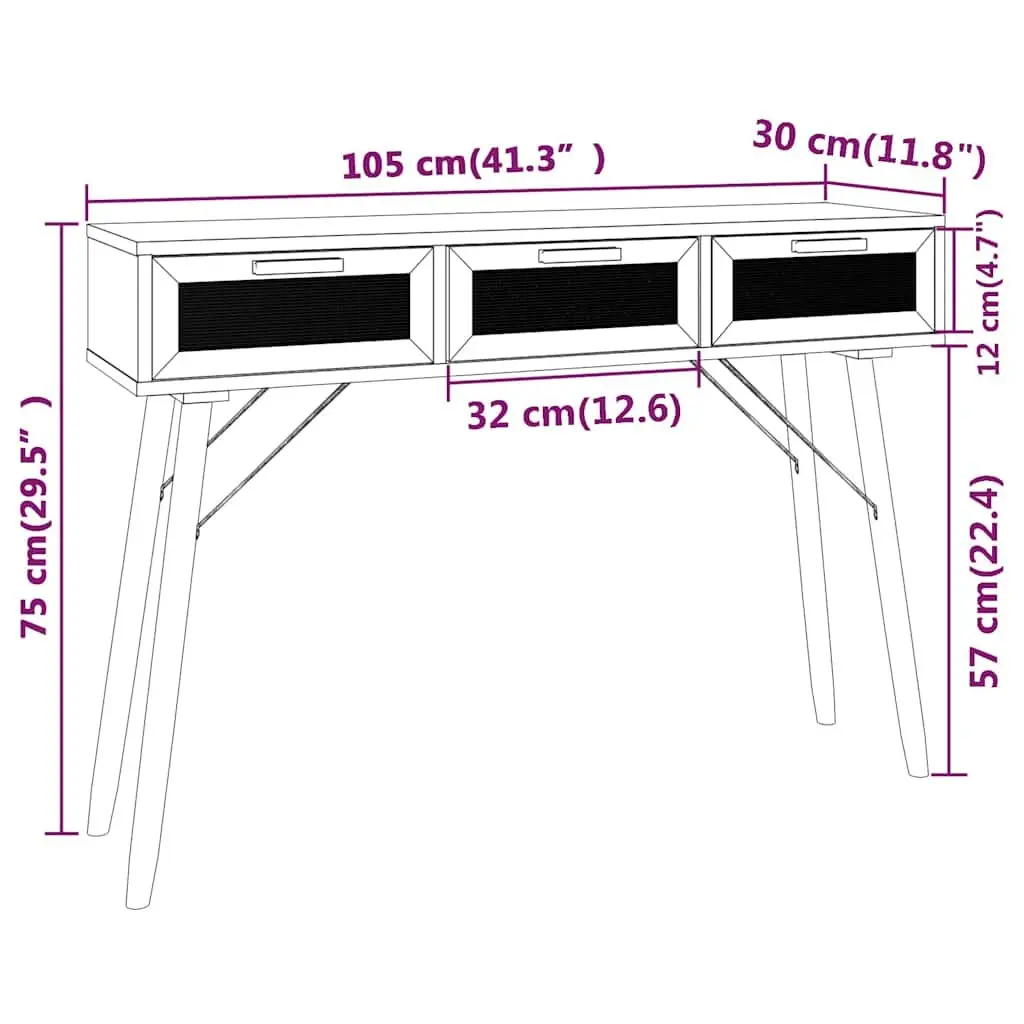 Console Table White 105x30x75cm Engineered Wood Solid Pine Rattan Drawers