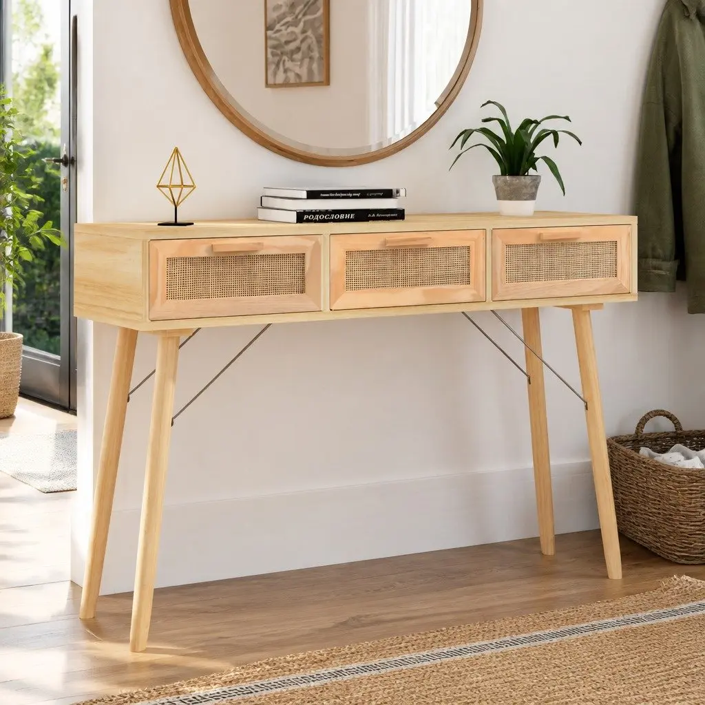 Rattan Weaving Console Table with Storage Drawers
