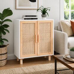 Elegant White Sideboard with Rattan Doors - 60x30x70 cm