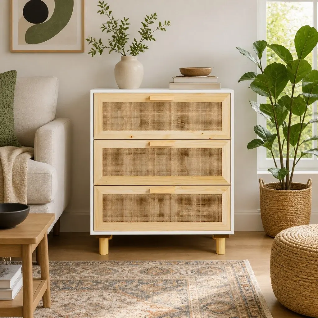 Sideboard White 60x30x70 cm Engineered Wood with Rattan Weaving and Drawers