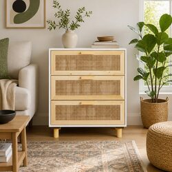 Elegant White Sideboard with Rattan Weaving, 60x30x70 cm