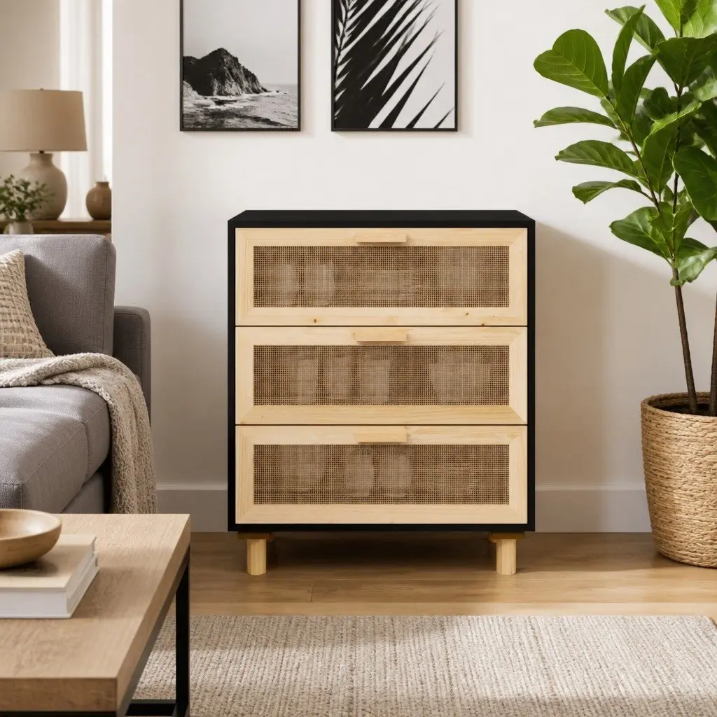 Black Sideboard Storage Cabinet with 3 Drawers
