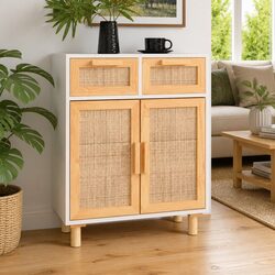 White Sideboard Cabinet with Rattan Doors and Drawers