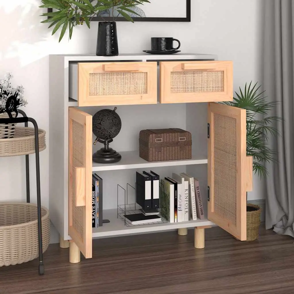 White Sideboard Cabinet with Rattan Doors and Drawers