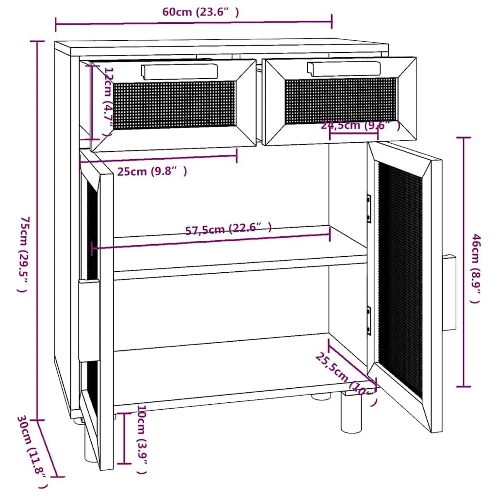White Sideboard Cabinet with Rattan Doors and Drawers