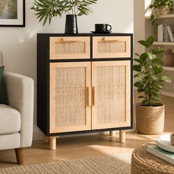 Elegant Black Sideboard Storage Cabinet with Rattan Accents