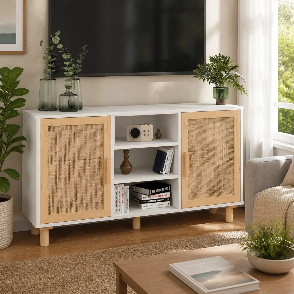 White Sideboard with Rattan Doors, 105x30x60cm