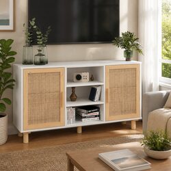 White Sideboard with Rattan Doors, 105x30x60cm