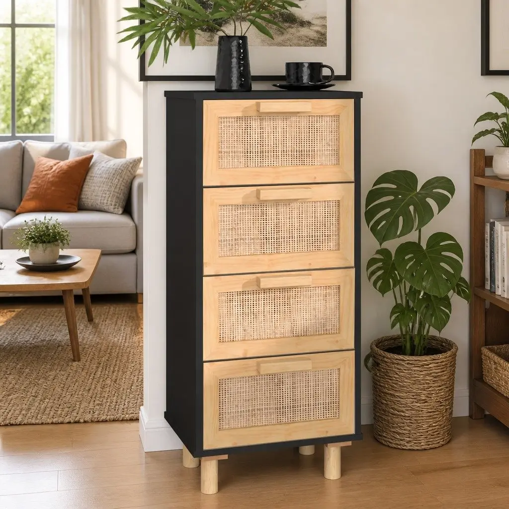 Sideboard Storage Cabinet 40x30x90cm Black 4 Drawer Rattan Weaving Design