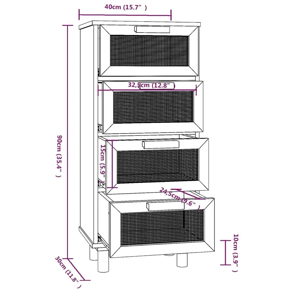Sideboard Storage Cabinet 40x30x90cm Black 4 Drawer Rattan Weaving Design