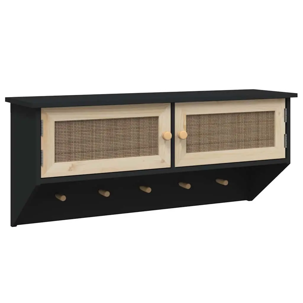 Wall-mounted Coat Rack Scandinavian Style Black Engineered Wood with Rattan Doors 2 Compartments 5 Hooks