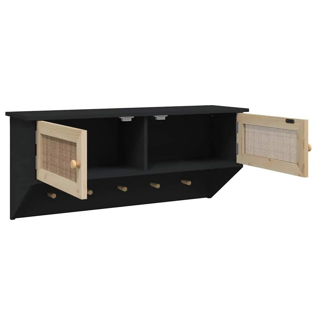 Wall-mounted Coat Rack Scandinavian Style Black Engineered Wood with Rattan Doors 2 Compartments 5 Hooks