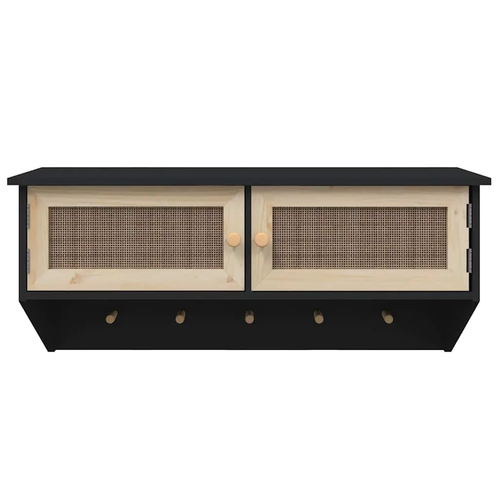 Wall-mounted Coat Rack Scandinavian Style Black Engineered Wood with Rattan Doors 2 Compartments 5 Hooks