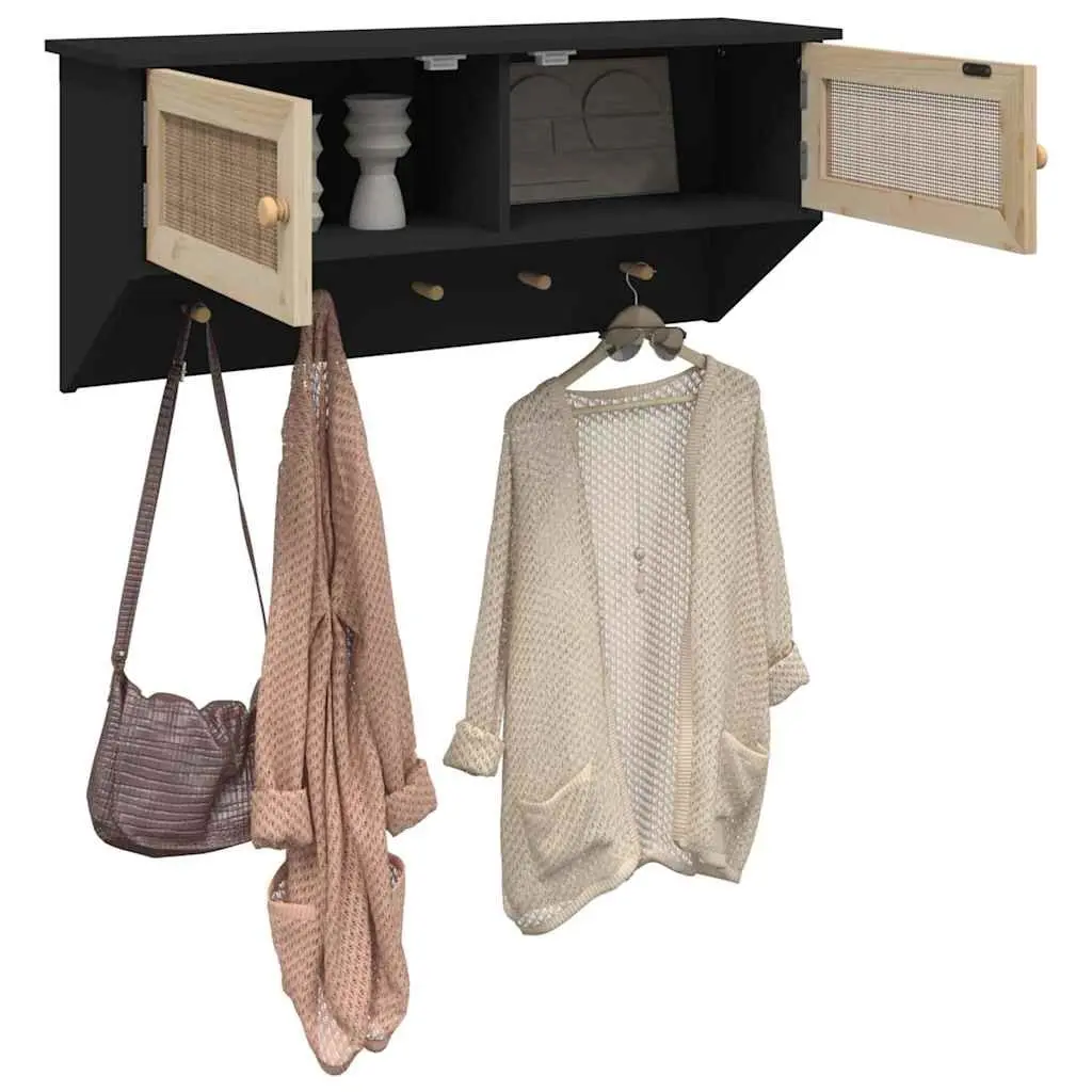 Wall-mounted Coat Rack Scandinavian Style Black Engineered Wood with Rattan Doors 2 Compartments 5 Hooks