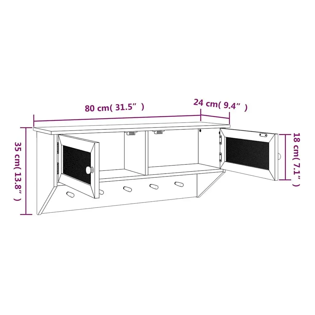 Wall-mounted Coat Rack Scandinavian Style Black Engineered Wood with Rattan Doors 2 Compartments 5 Hooks