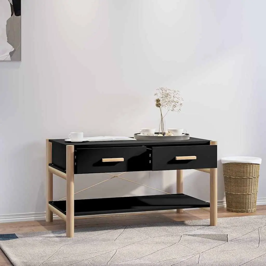 Coffee Table Black Engineered Wood 82 x 48 x 45 cm with Solid Wood Legs
