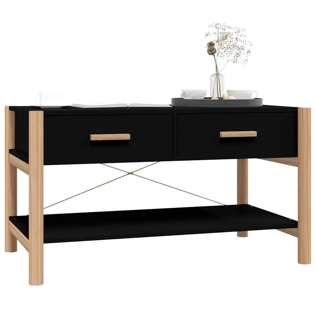 Coffee Table Black Engineered Wood 82 x 48 x 45 cm with Solid Wood Legs