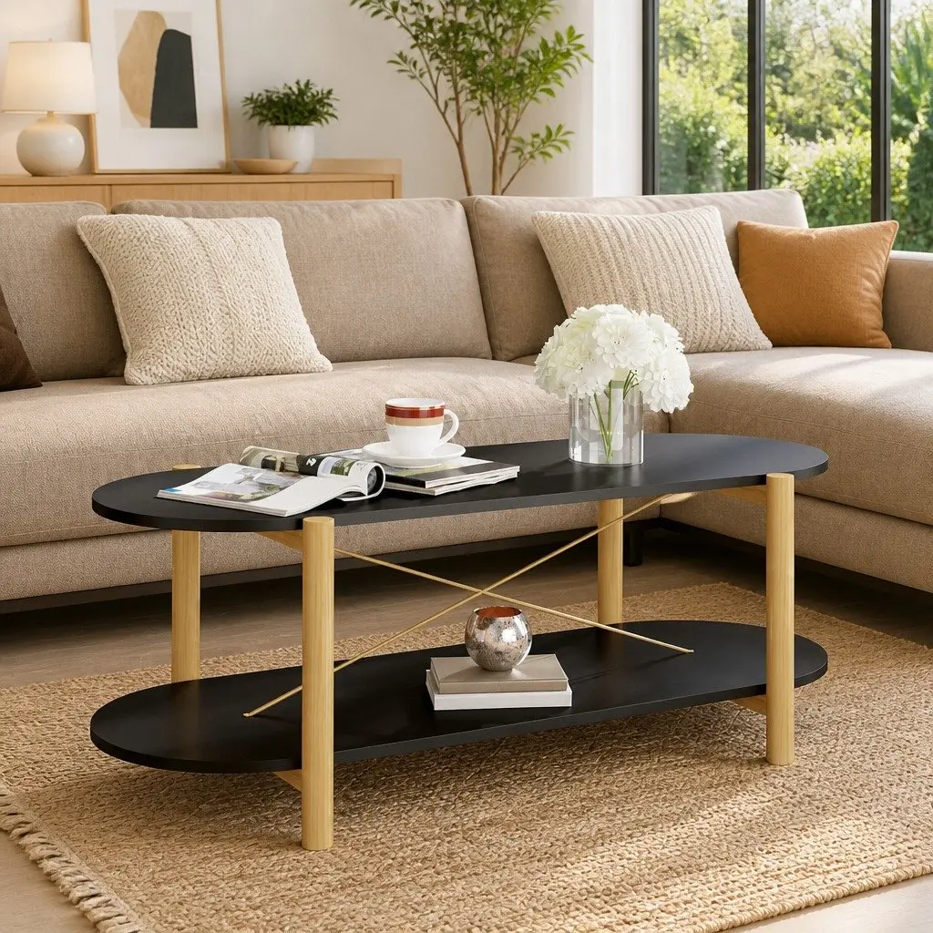 Coffee Table Black Storage Accent Engineered Wood Solid Wood Legs 110 x 48 x 40 cm