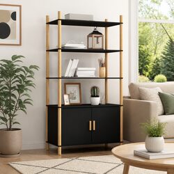 Black Highboard Storage Cabinet with Solid Wood Legs