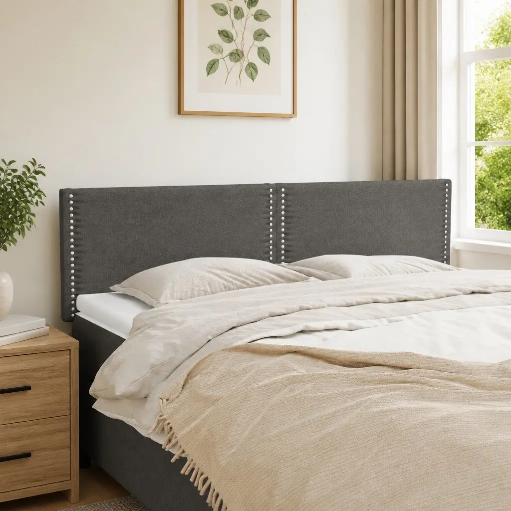 Fabric Headboard Dark Grey Adjustable Height Wooden Legs