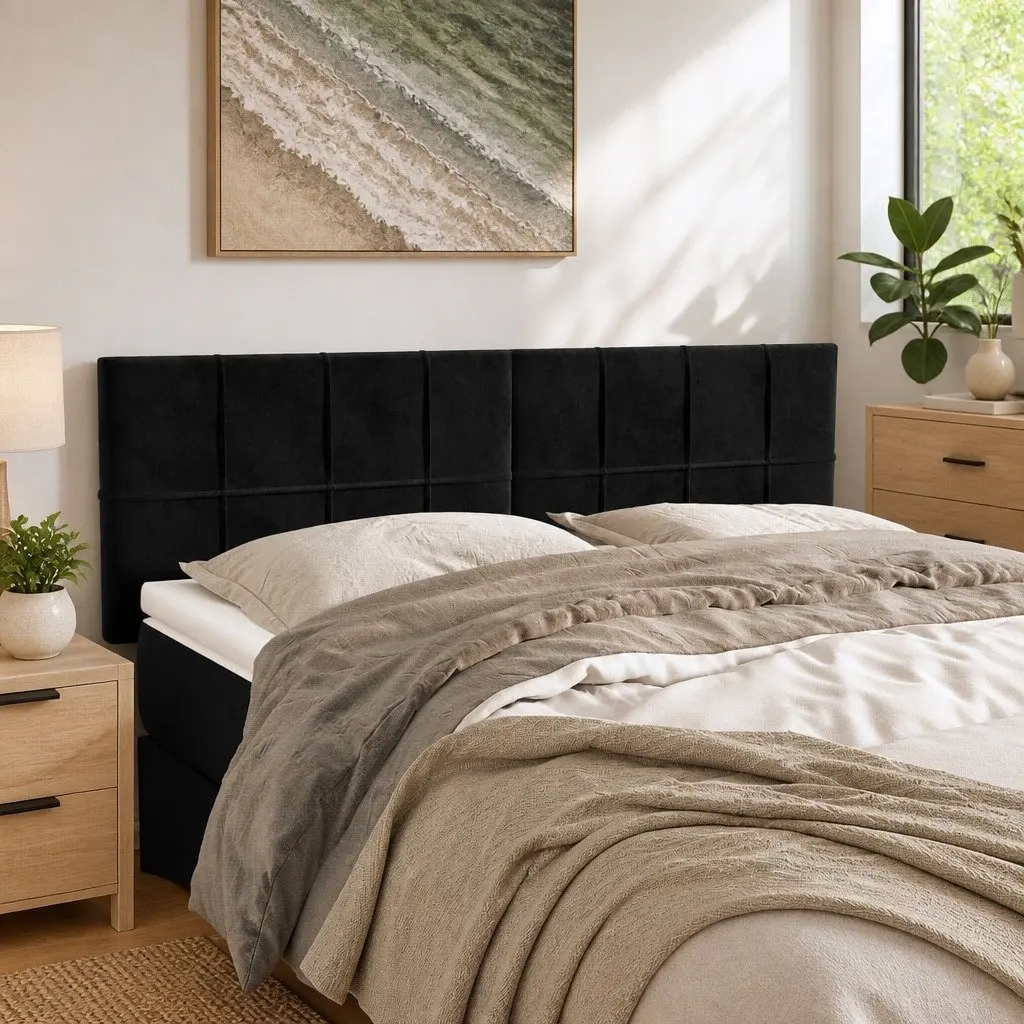 Velvet Headboard Black Adjustable Height 144W x 5D x 78/88H cm Upholstered with Wooden Legs