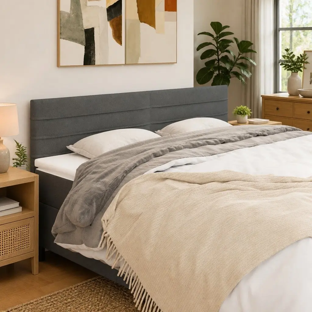 Adjustable Height Grey Fabric Headboard with Wooden Legs