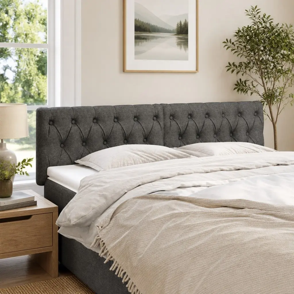 Dark Grey Fabric Headboard with Wooden Legs, Adjustable Height