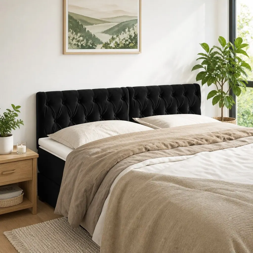 Velvet Headboard Black Adjustable Height Wooden Legs