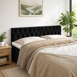 Adjustable Height Black Velvet Headboard with Wooden Legs