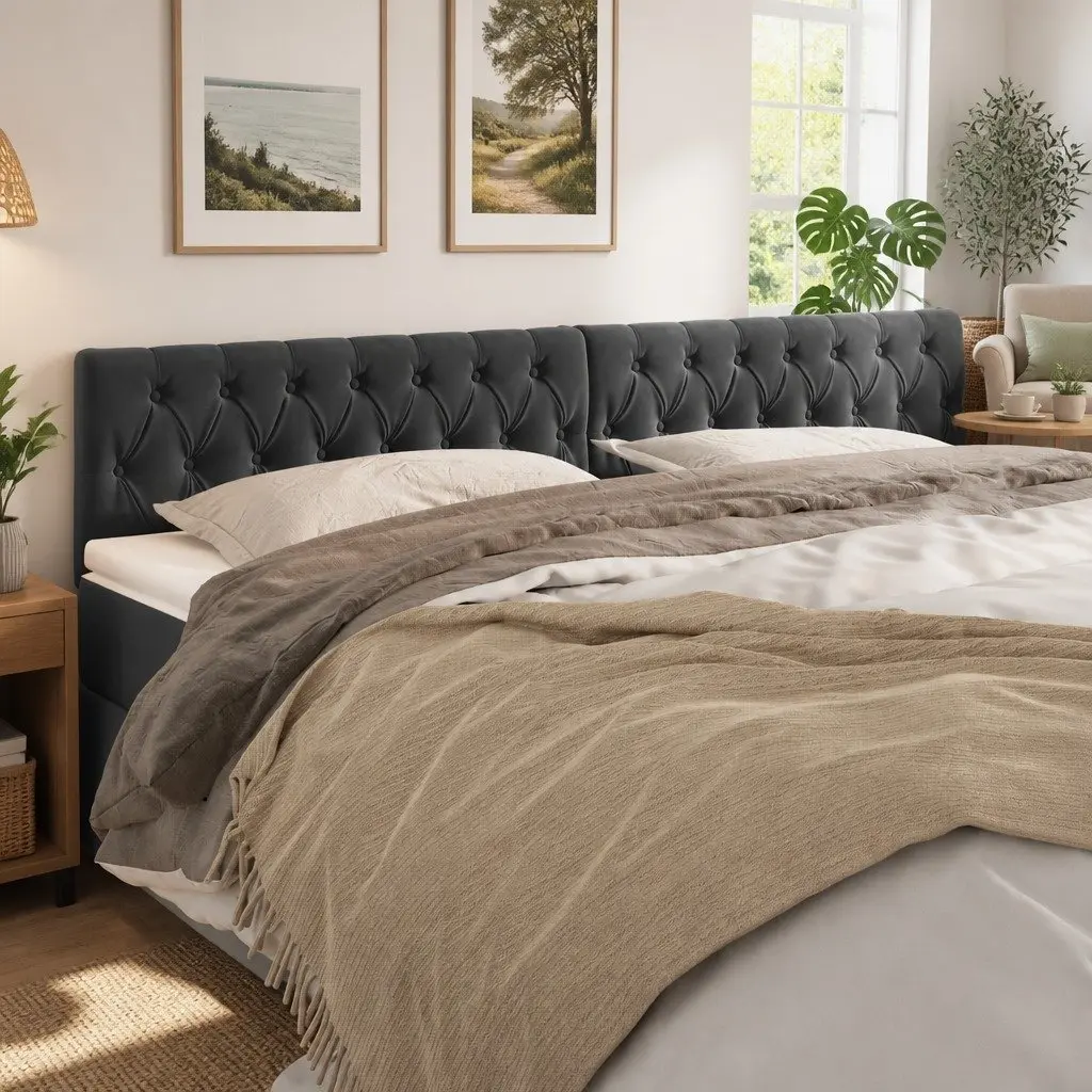 Grey Velvet Headboard with Adjustable Height and Wooden Legs