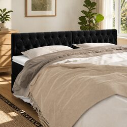 Black Velvet Headboard with Adjustable Height and Wooden Legs