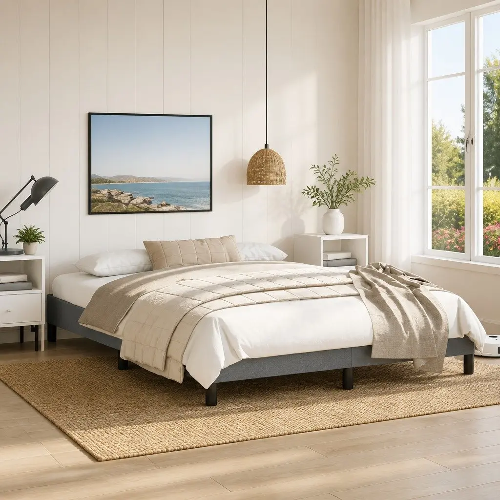 Queen Bed Frame Grey Fabric 152x203 cm Upholstered Platform