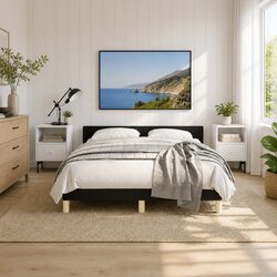 Queen Bed Frame with Headboard in Black Fabric