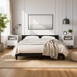Queen Faux Leather Bed Frame with Headboard in Black